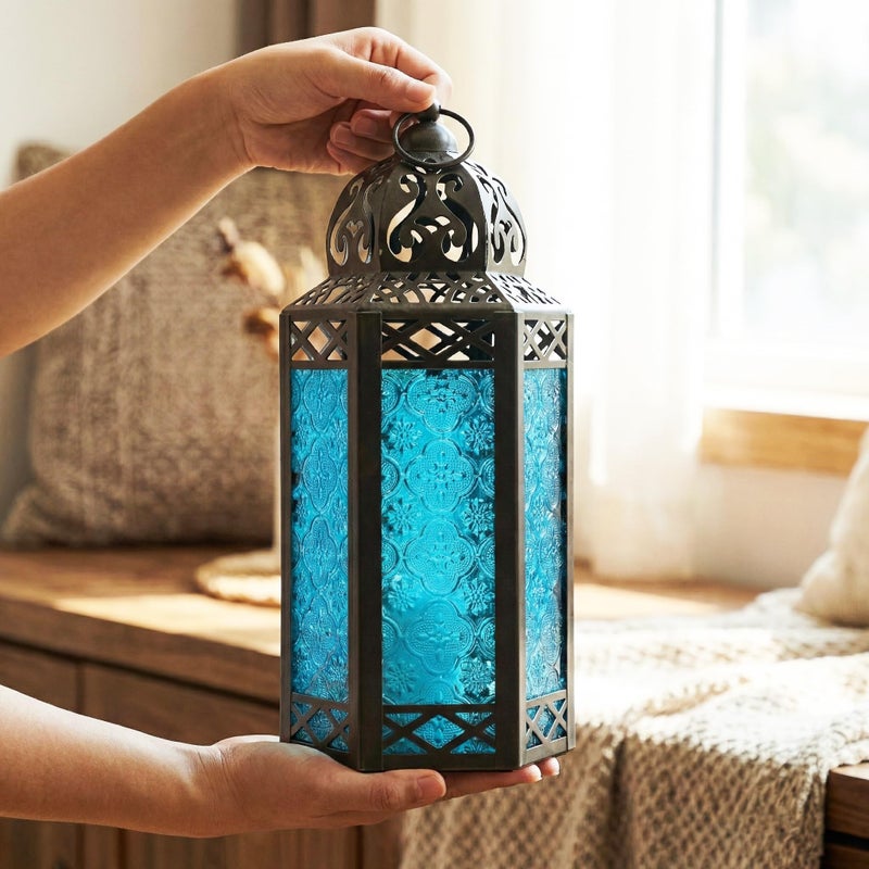 VELA LANTERNS 12" Black Metal Moroccan Decorative LED Fairy Lights Candle Lantern Holders for Hanging or Table, Indoor Home Decor, Outdoor Patio or Porch, Weddings, Blue Glass, Large - Image 4